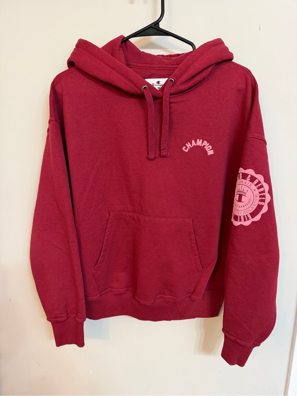 Champion Women's Maroon Hoodie with Pink Accent